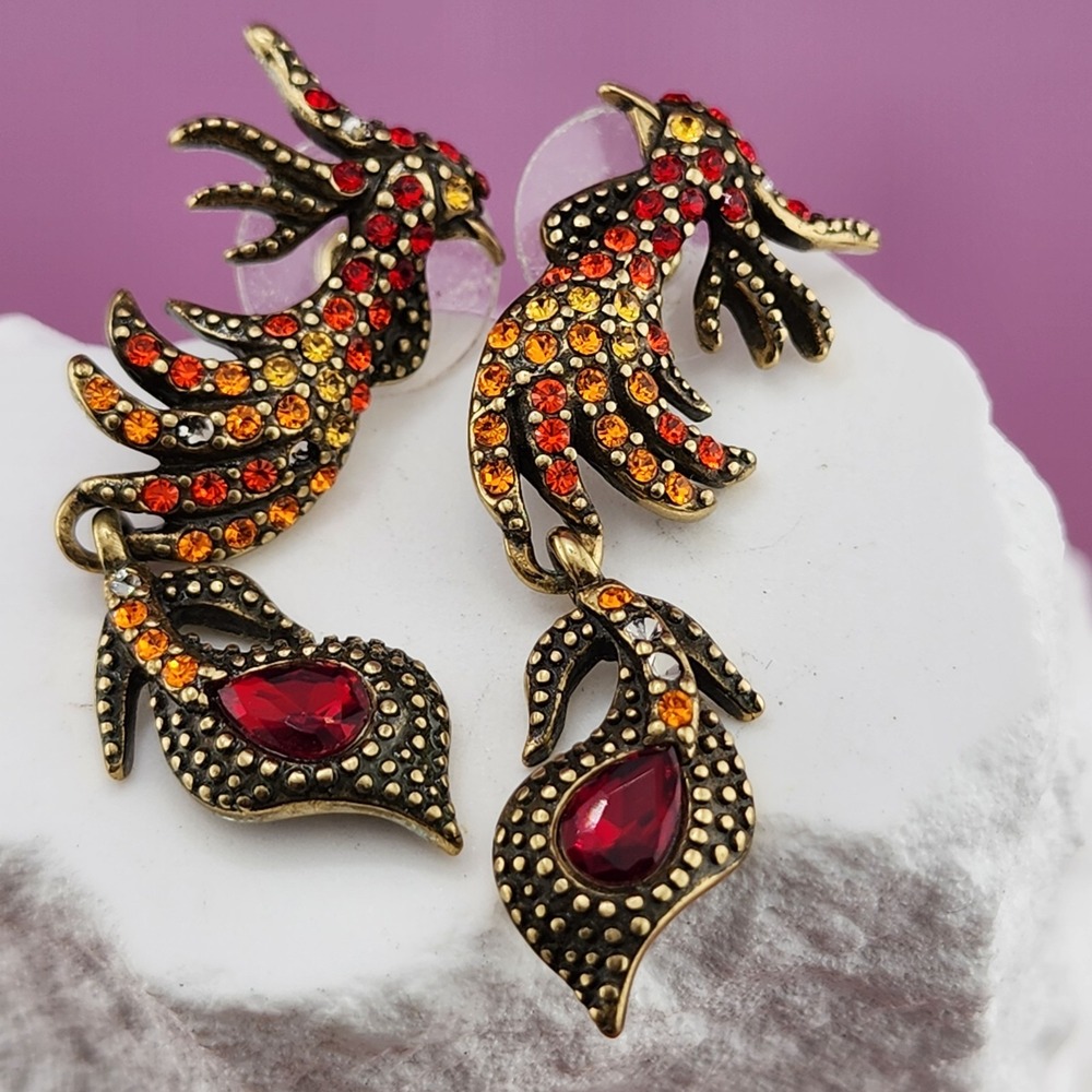 Phoenix Bird Rhinestone Dangle Earrings Red Orange Gold Tone Statement Jewelry